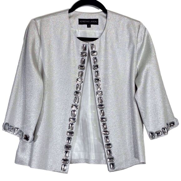 Adrienne Landau Cropped Evening Jacket Silver Metallic Embellished Womens Medium - Picture 3 of 13